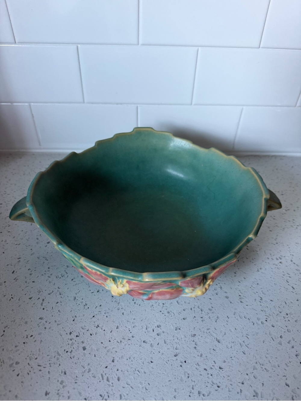 Vintage Green Floral Roseville Ceramic Decorative Bowl - Picture 2 of 5